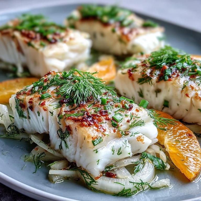 Delicate white fish gently simmered in a citrusy broth, served alongside sweet orange slices and aromatic fennel fronds for a Mediterranean-inspired dinner. 