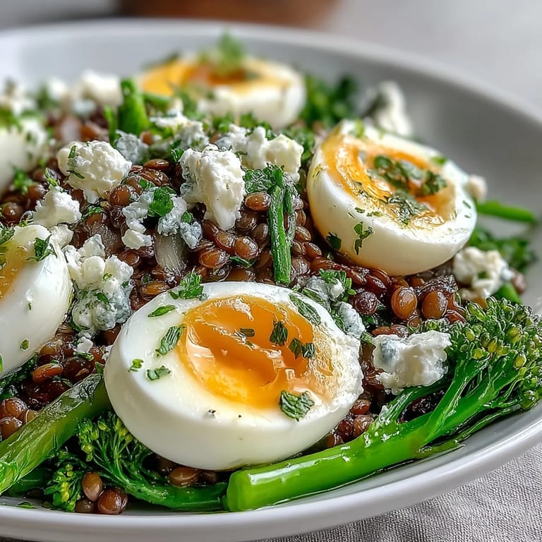 Hearty French Lentil Salad With Broccolini and Soft-Cooked Eggs served warm, topped with crumbled feta and cracked black pepper.