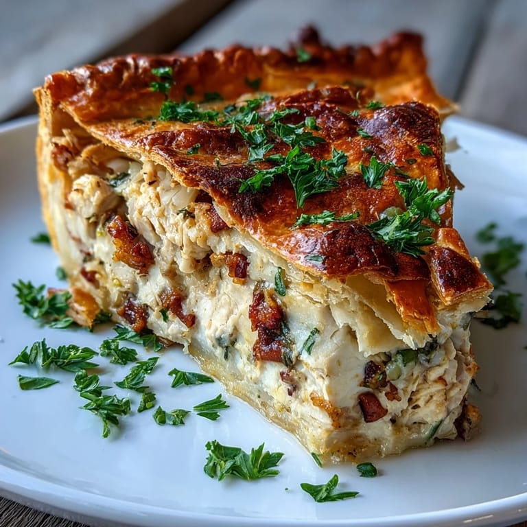 A slice of Chicken and Leek Pie rests on a rustic plate beside fresh parsley garnish.