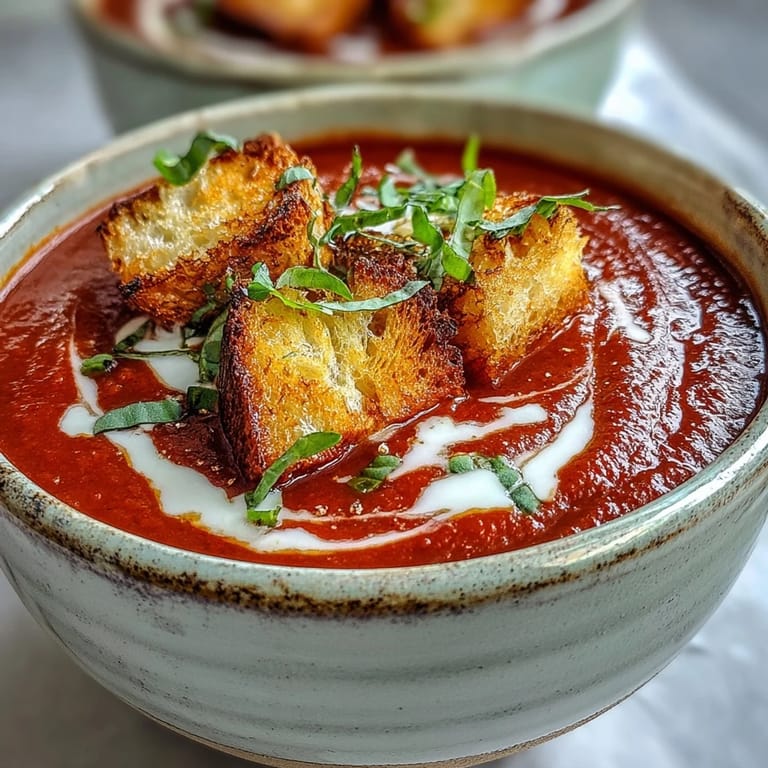 A spoon lifting Creamy Roasted Tomato Soup reveals its smooth, rich texture alongside a grilled cheese sandwich on the side.