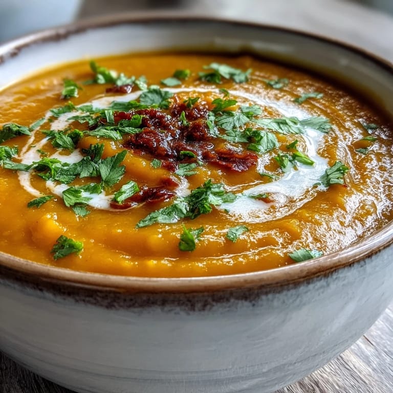 A close-up of golden Carrot and Lentil Soup topped with parsley and cracked black pepper, steaming warmly.