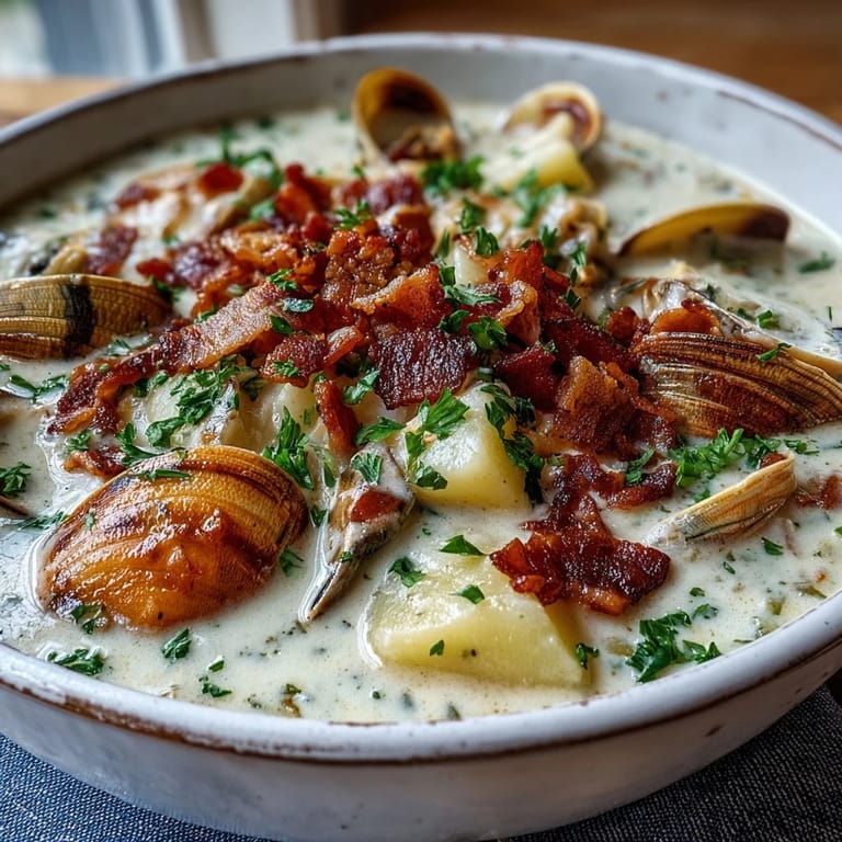 Creamy New England Clam Chowder with diced potatoes, fresh clams, and crispy bacon in a white bowl, served hot with oyster crackers on the side.
