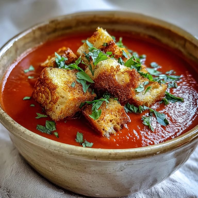 A bowl of Roasted Red Pepper Soup topped with golden crispy croutons and fresh parsley. 