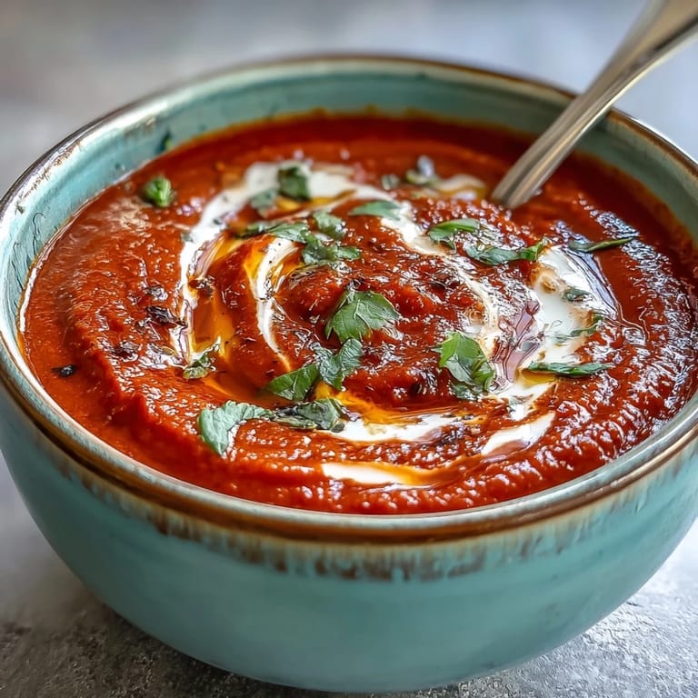 Roasted Red Pepper Soup being pureed in a blender, showcasing the smooth, velvety texture of the easy vegetarian soup.