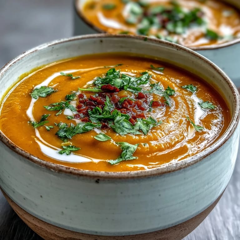Vibrant orange Carrot and Lentil Soup served in a white ceramic bowl, paired with crusty bread on the side.