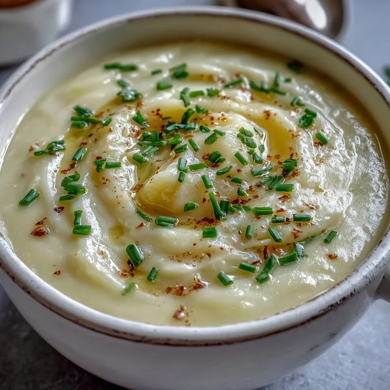 Smooth and velvety Potato Leek Soup in a white bowl, topped with sautéed shrimp for a seafood chowder variation.