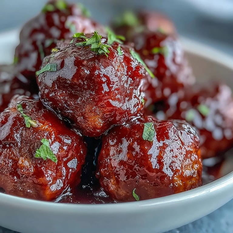 Glossy Grape Jelly and Chili Sauce Meatballs are spooned over fluffy white rice for dinner.