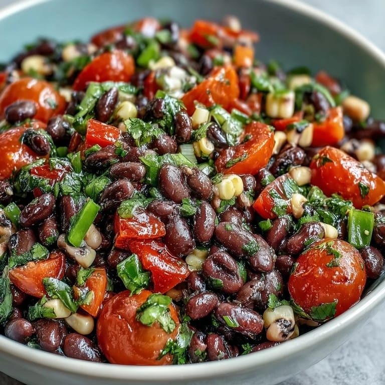Freshly made Cowboy Caviar with bell peppers and cilantro, served chilled as a zesty Tex-Mex salad.