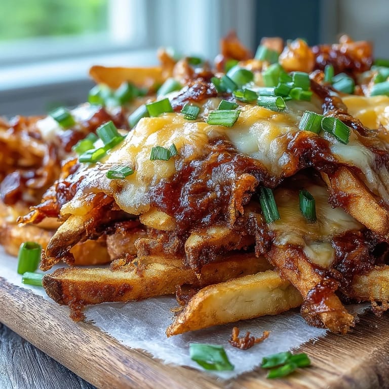 A close-up shows hot Cheesy BBQ Fries with Ranch Dip, cheese pulling away from smoky fries.