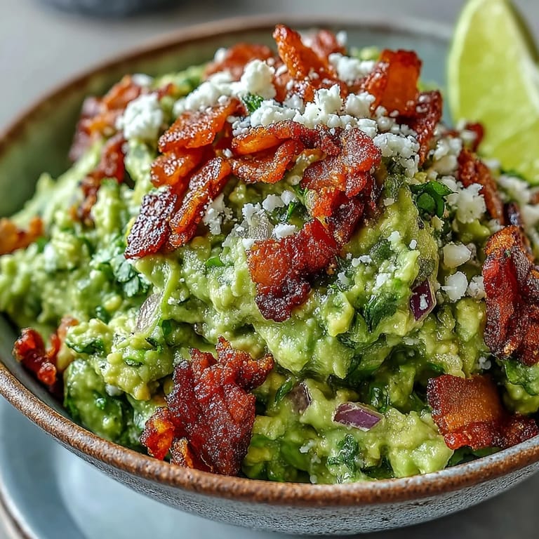 A generous scoop of Bacon Guacamole With Cotija Cheese on a blue corn tortilla chip with lime wedges on the side. 