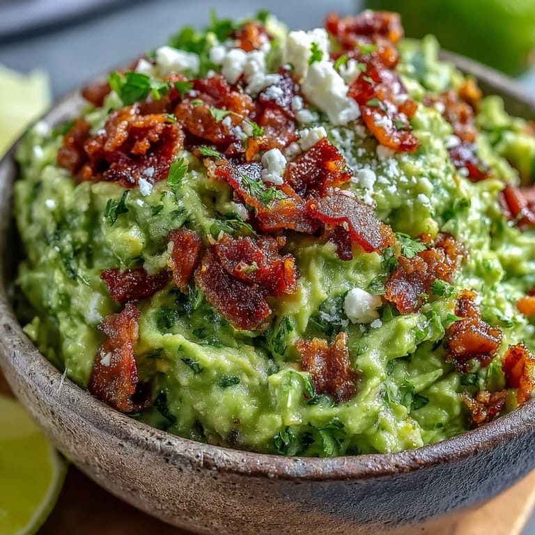 Serving bowl of Bacon Guacamole With Cotija Cheese surrounded by tortilla chips and fresh diced tomatoes on a wooden table.