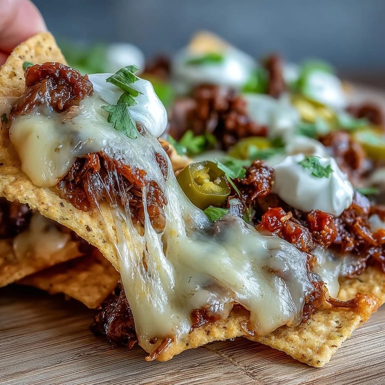 A loaded platter of BBQ Beef Nachos with diced tomatoes and red onion ready to share.