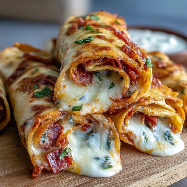 Freshly baked Tortilla Pizza Rolls spiral open to reveal gooey cheese, pepperoni, and bell peppers on parchment.
