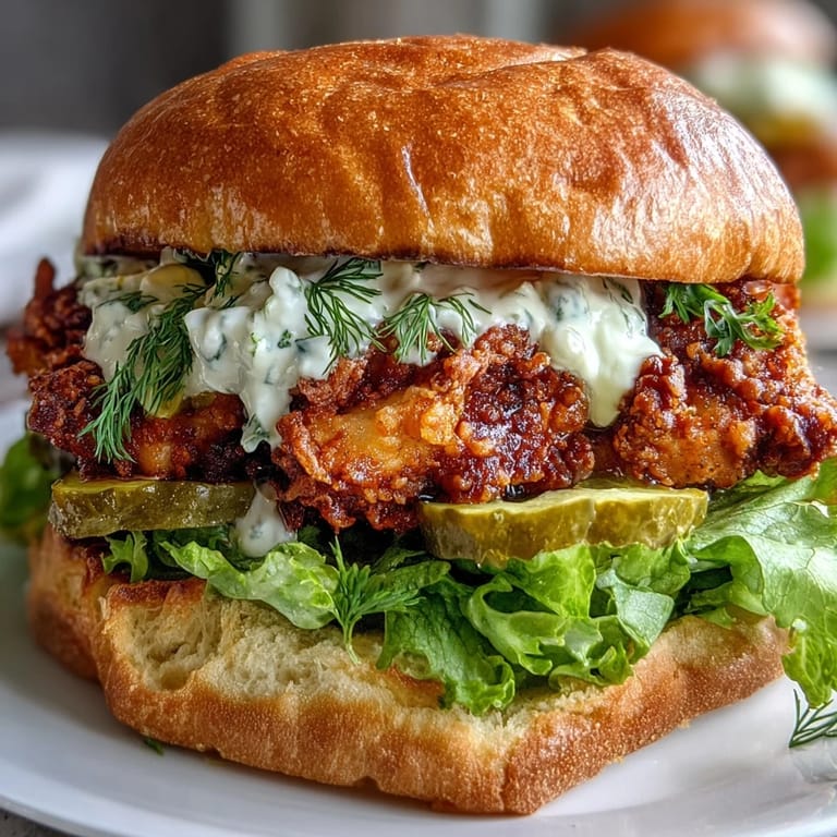 Buttery brioche bun holding golden, spicy fried chicken drizzled with creamy homemade sauce. Spicy Chicken Sandwich with Creamy Homemade Sauce.