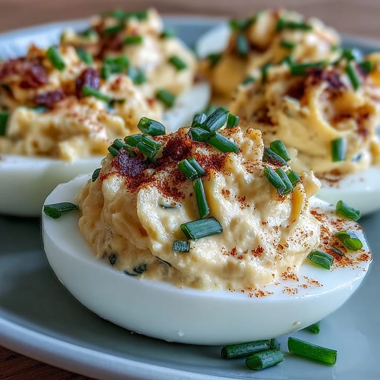 Million Dollar Deviled Eggs halved and filled with a smooth, tangy yolk mixture.