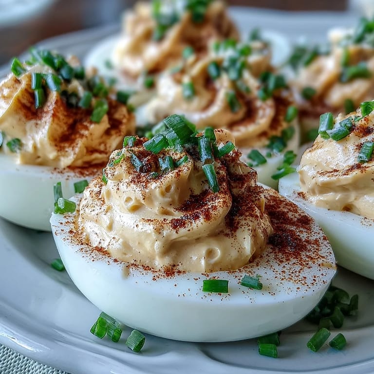 Freshly prepared Million Dollar Deviled Eggs topped with paprika, served on a decorative platter.