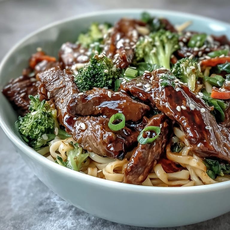 Silky rice noodles coated in a glossy brown sauce mixed with beef and broccoli.