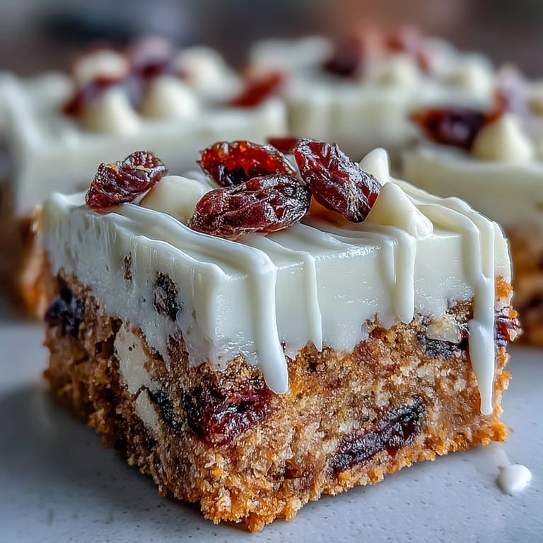 Frosted Cranberry Bliss Bars garnished with extra dried cranberry pieces on a white plate for a festive treat.