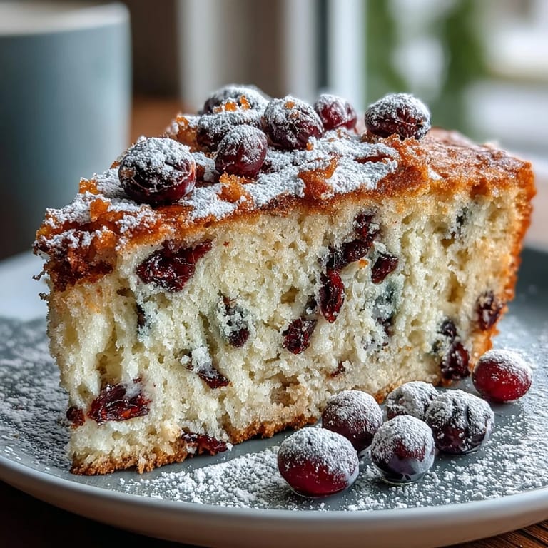 Rustic round Cranberry Orange Breakfast Cake topped with powdered sugar and fresh cranberries, perfect for a cozy brunch or holiday breakfast spread.