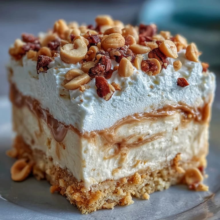 A whole Nutter Butter Cheesecake with fluffy whipped cream swirls and peanut garnish, ready to be served chilled.