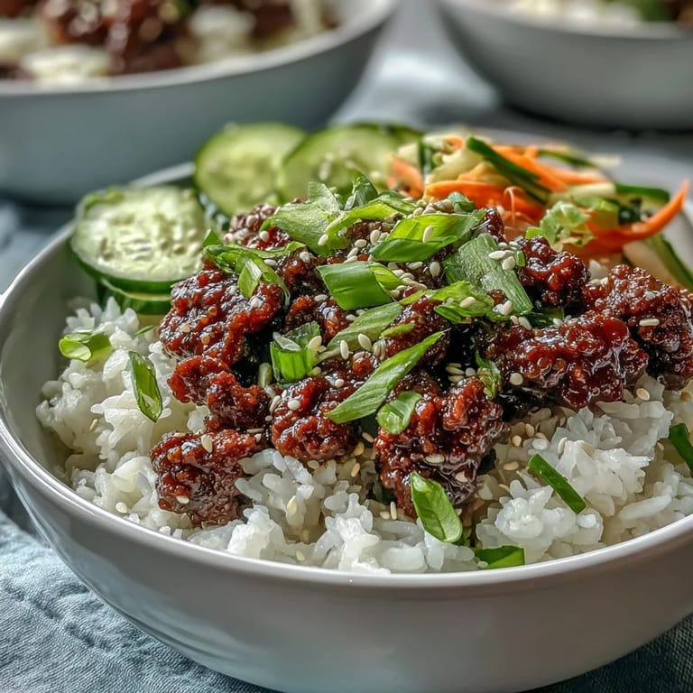 Savory Korean Ground Beef Bowl served with golden ground beef and crisp pickled vegetables, ideal for a quick weeknight dinner.