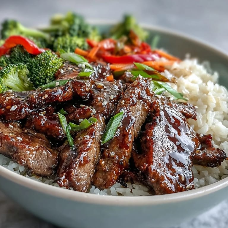 Glossy, rich teriyaki sauce coats tender beef slices and broccoli on steamed rice.