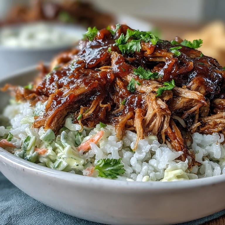 Overhead view of a homemade Pulled Pork Bowl served with rice, coleslaw, and cilantro for dinner.