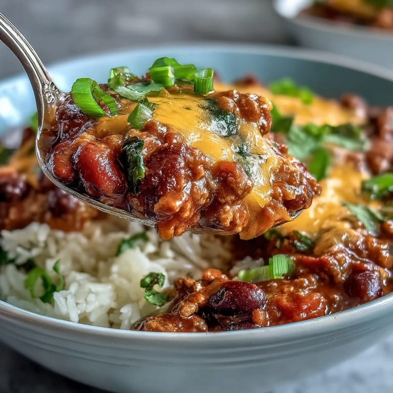 Spicy Chili Bowl Base ladled over brown rice with jalapeños and lime wedges for a zesty finish.