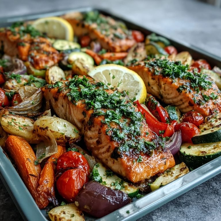 A close-up of flaky, perfectly cooked salmon alongside bell peppers and zucchini in a healthy Sheet Pan Salmon and Veggies Bowl, ready to serve.