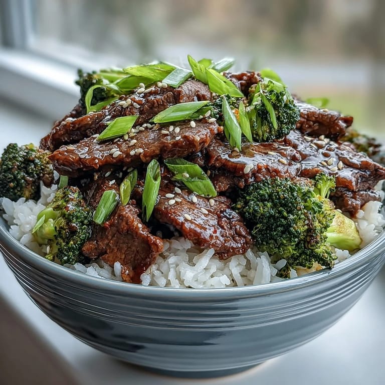 Savory Beef and Broccoli Bowl garnished with fresh green onions and sesame seeds, served on a plate for a hearty weeknight dinner.