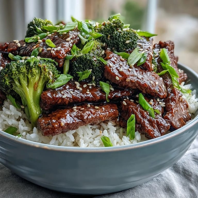 Overhead view of a delicious Beef and Broccoli Bowl with saucy beef, rice, and crisp steamed broccoli, ready to be enjoyed.