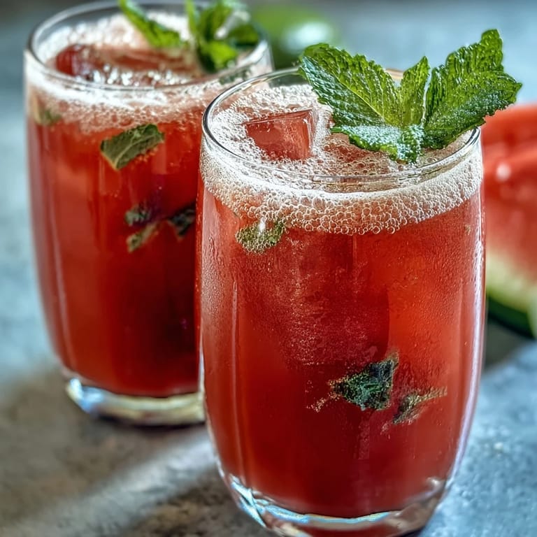 Vibrant watermelon lime punch served over ice with sparkling water, garnished with mint leaves and lime wedges for a festive touch.