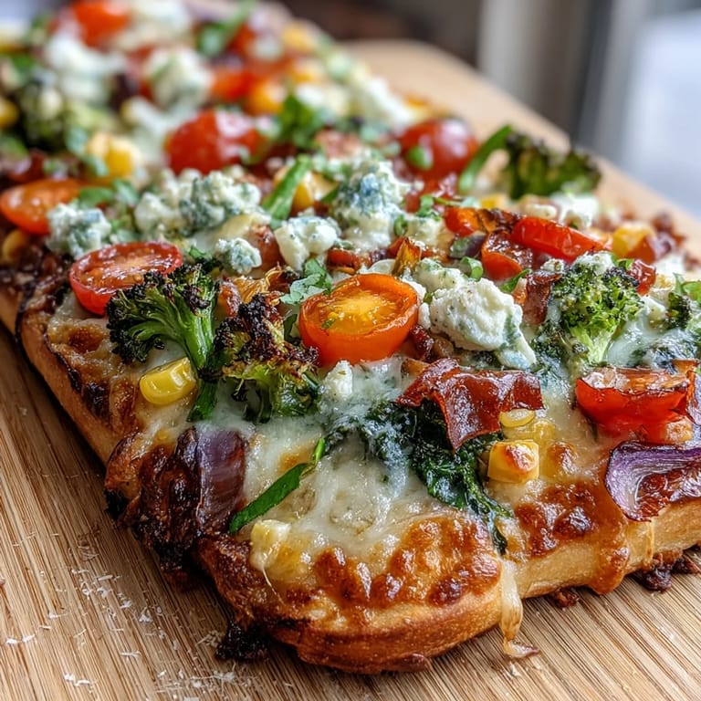 Festive St. Patricks Day Rainbow Veggie Flatbread Pizza featuring fresh tomatoes, peppers, and broccoli arranged in a colorful, healthy vegetarian design.
