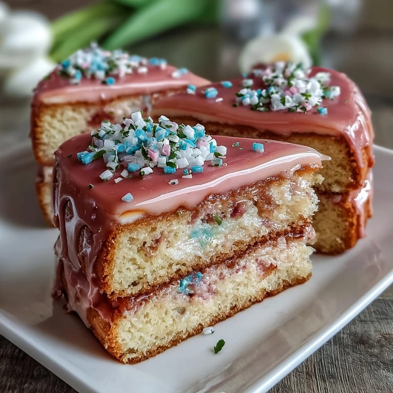 Layered Pastel Ombre Cake: Soft pink and yellow sponge layers with smooth buttercream frosting, ideal for special occasions and festive gatherings.
