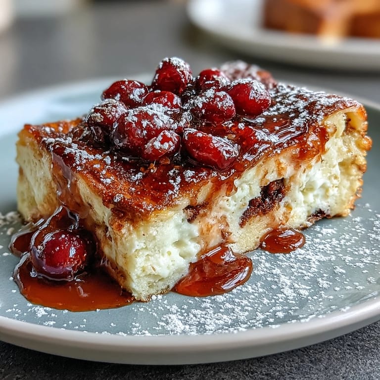 Fluffy oven-baked pancake casserole loaded with fresh blueberries, served warm and dusted with powdered sugar for a sweet breakfast treat.  