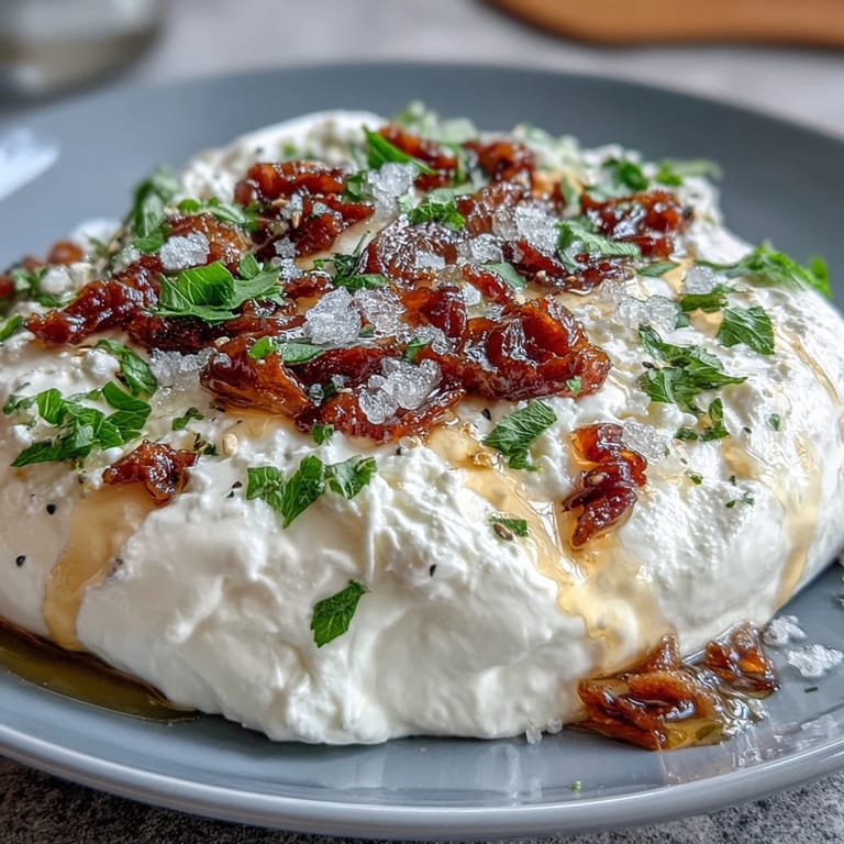 Vibrant Honey Peach Burrata Toast topped with basil, honey, and flaky sea salt.