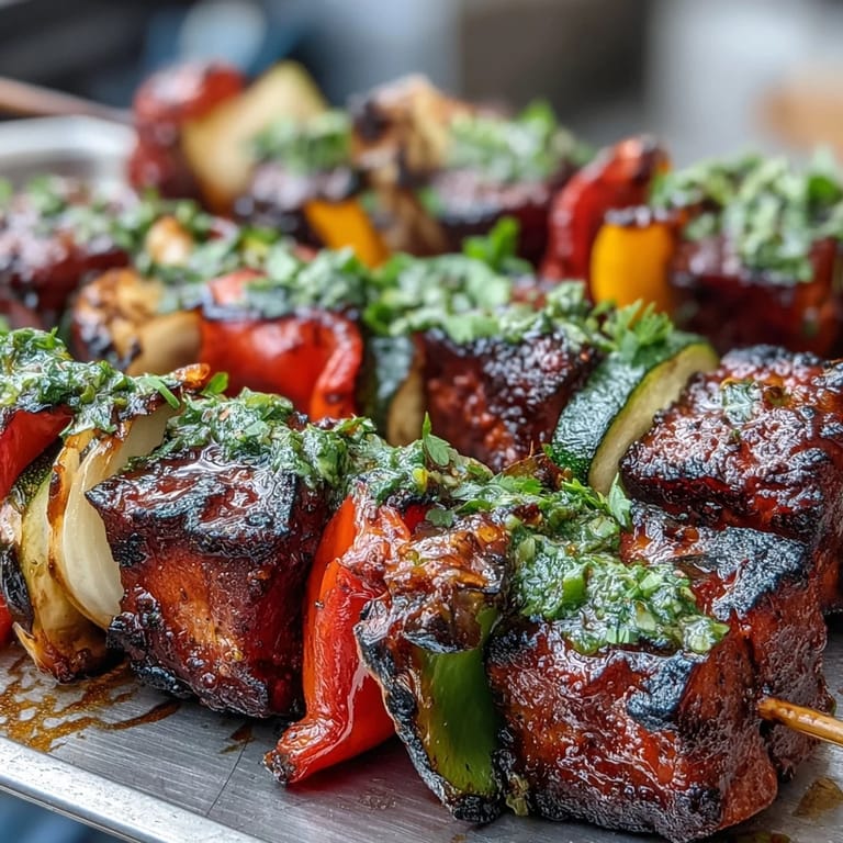 Platter of summer grilled veggie skewers with chimichurri, perfect for outdoor dining and barbecues.