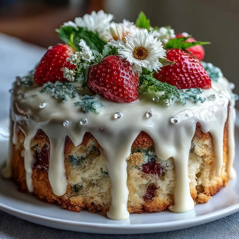 Elegant vanilla layer cake with creamy strawberry frosting and white chocolate drip, topped with edible flowers.