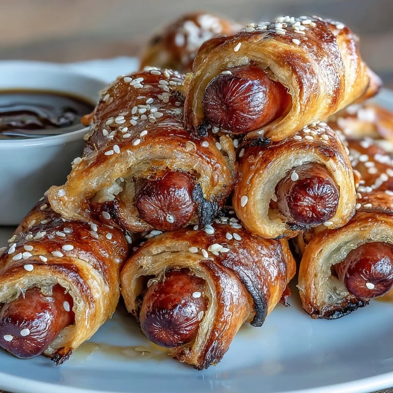 Flaky pastry pigs in a blanket arranged on a platter with creamy mustard sauce for dipping.  