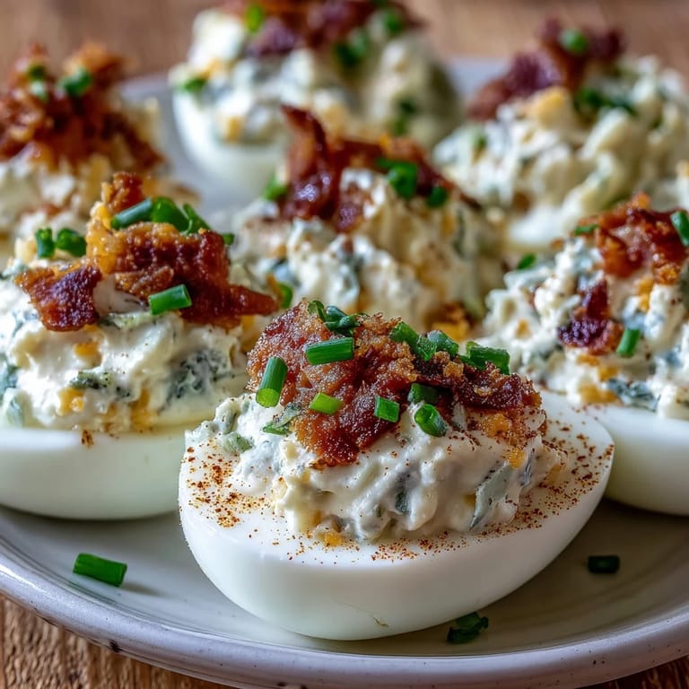 Classic deviled eggs get a spicy twist with jalapeño, cream cheese, and smoky bacon bits.