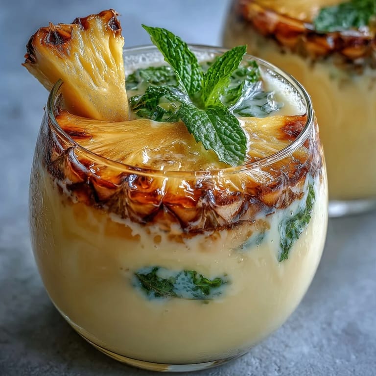 Creamy Pineapple Coconut Agua Fresca in a glass with ice, garnished with fresh mint and a slice of juicy pineapple.