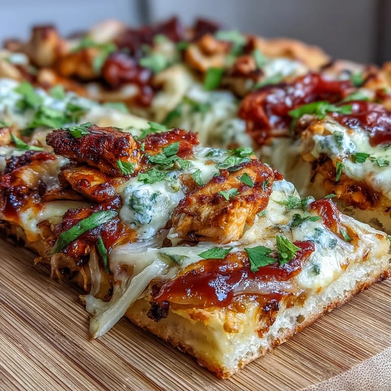 Delicious BBQ chicken flatbread pizza featuring tangy BBQ sauce, colorful bell peppers, and a sprinkle of fresh herbs.