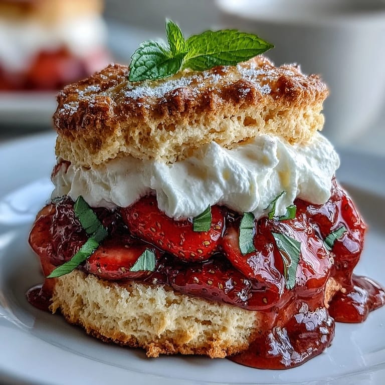 Buttery shortcake biscuits paired with citrus-kissed strawberries, aromatic basil, and airy whipped cream for a delightful summer treat.