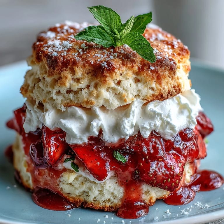 Golden-brown biscuits topped with juicy macerated strawberries, fragrant basil, and clouds of vanilla whipped cream in this elegant dessert.