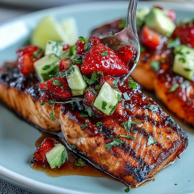 Flaky grilled salmon paired with sweet and tangy strawberry avocado salsa, perfect for a healthy and elegant dinner on warm evenings.