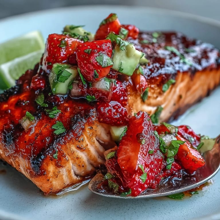 A close-up of grilled salmon fillets with a colorful strawberry avocado salsa, garnished with cilantro and lime wedges for a fresh summer meal.