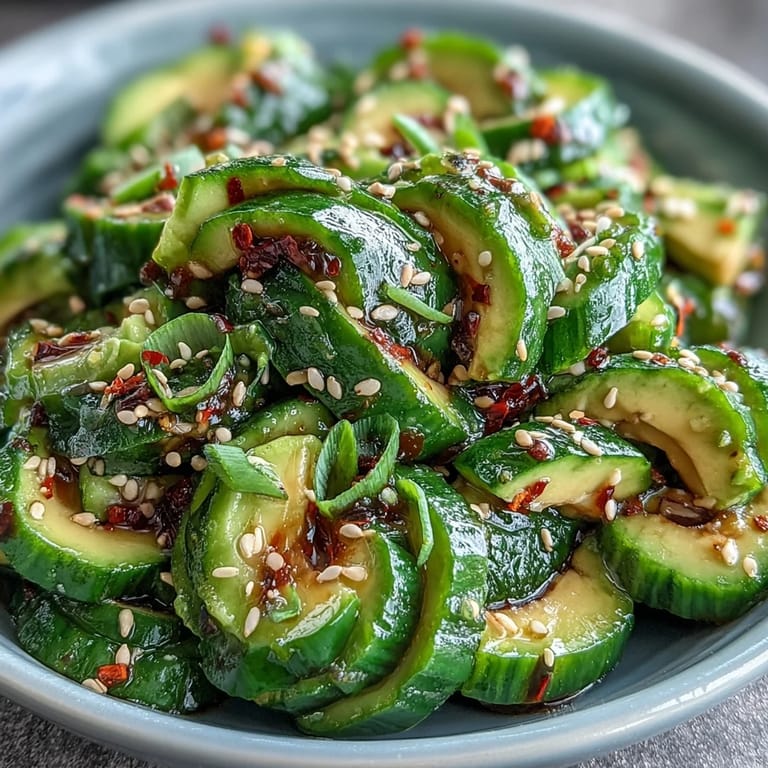 Creamy avocado meets crisp smashed cucumbers in a nutty sesame salad, ideal for light lunches or healthy sides.  