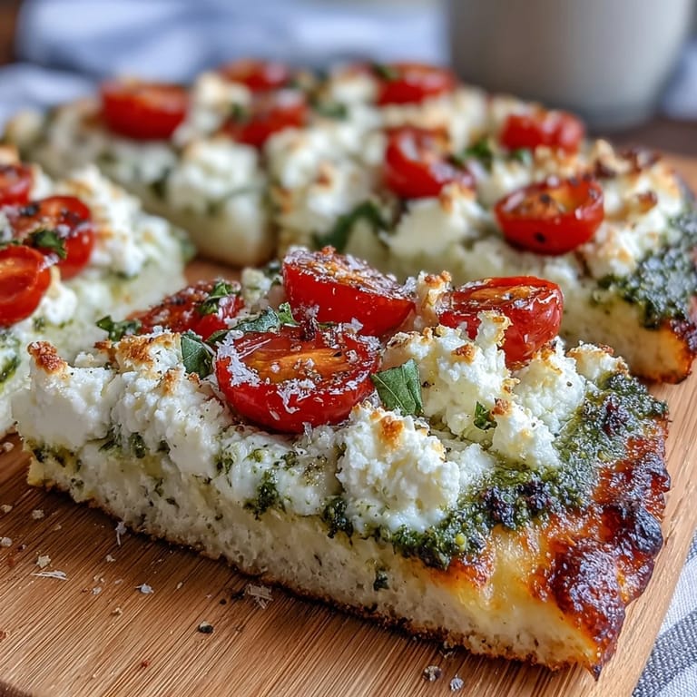 High-protein cottage cheese flatbread baked until golden, spread with rich pesto, and garnished with juicy tomato halves and fresh basil.