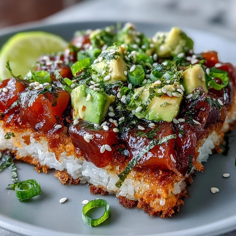 Japanese fusion crispy rice salad with avocado and spicy tuna, combining textures and flavors for a satisfying main dish.
