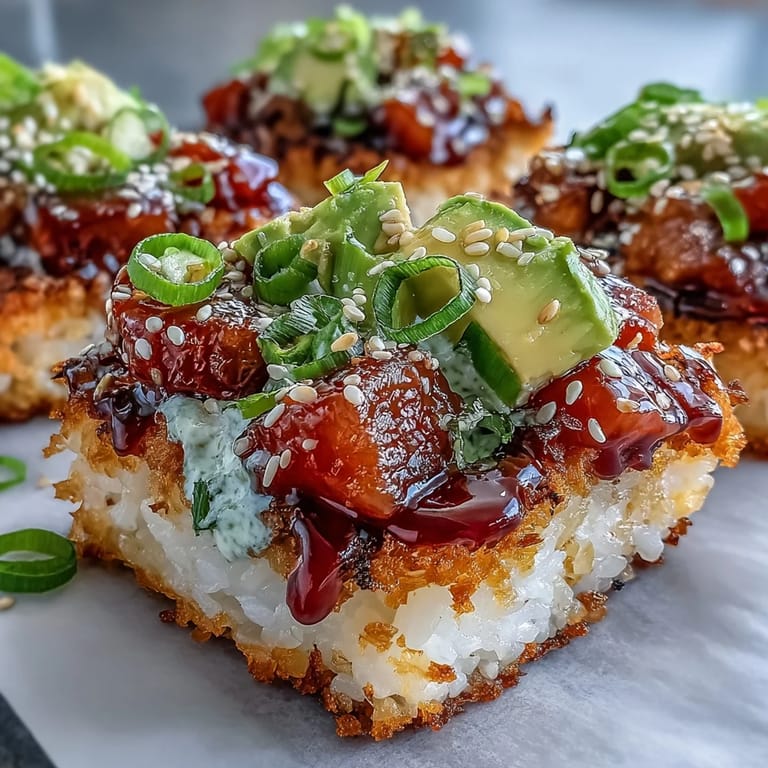 A vibrant sushi-inspired salad with crunchy rice squares, fresh avocado, and bold spicy tuna, drizzled with tangy sesame dressing.  